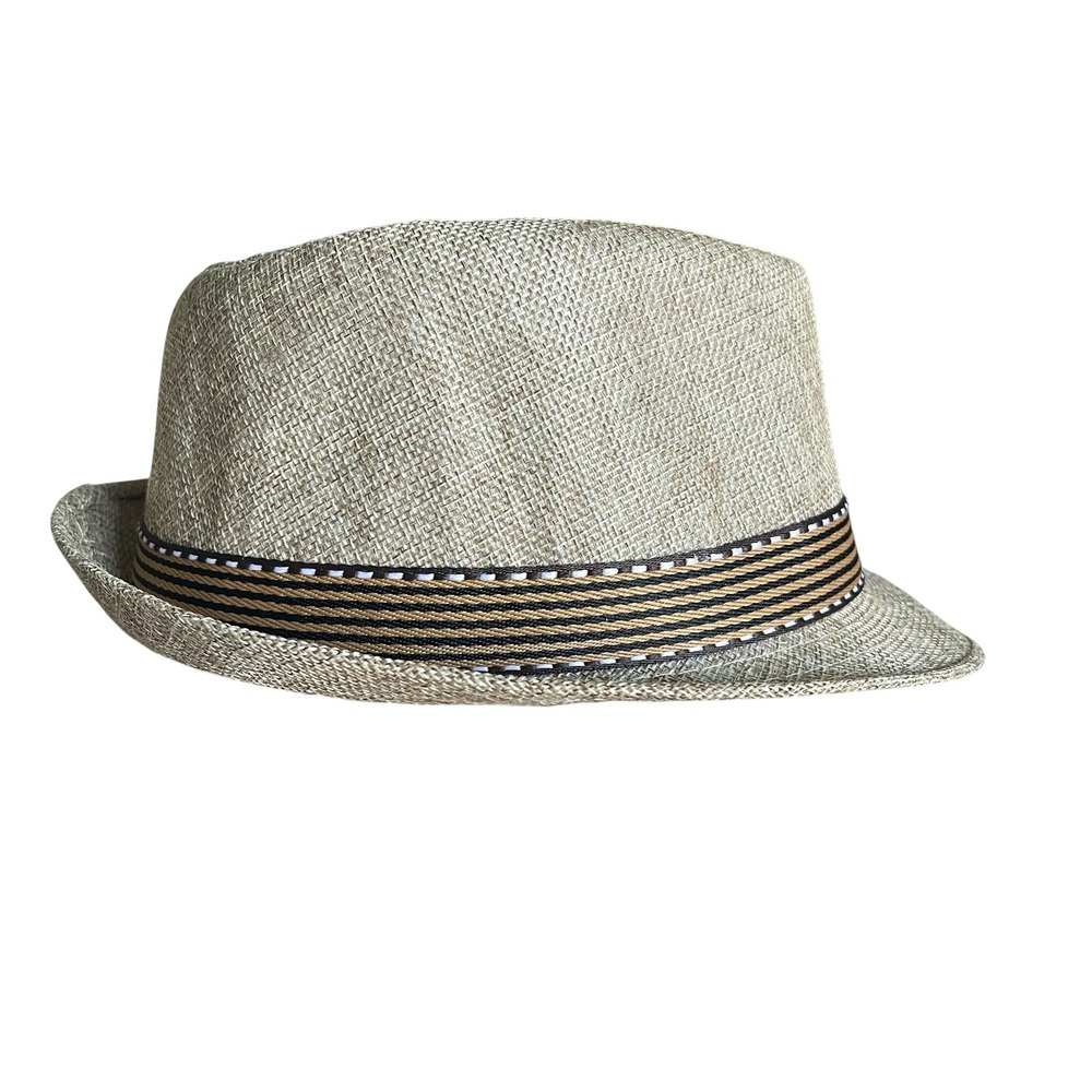 Kids Tan‎ Woven Fedora Hat Striped Band Size 54 Summer Trilby Sun Hat